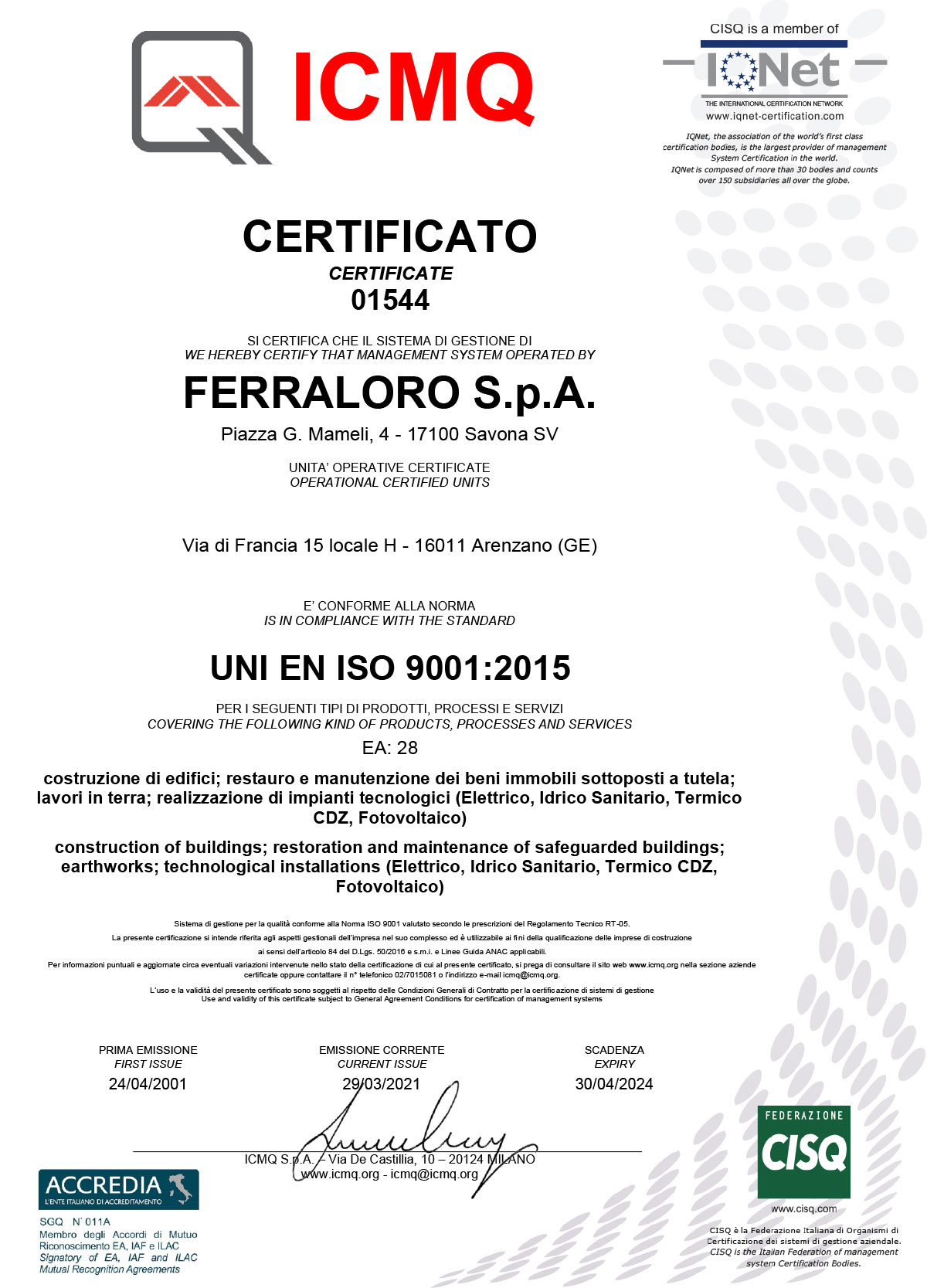 Certificazione ICMQ UNI EN ISO 9001:2015